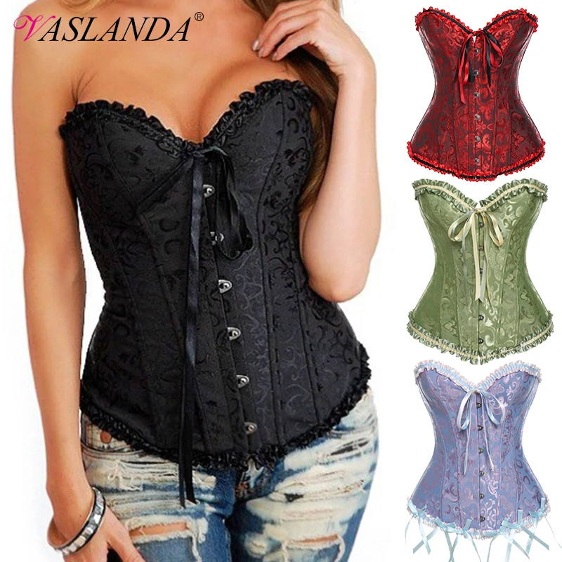 

Bustiers & Corsets Floral Satin Corset Top Lace Up Boned Overbust Waist Cincher Bustier Plus Size Sexy Brocade Body Shaper