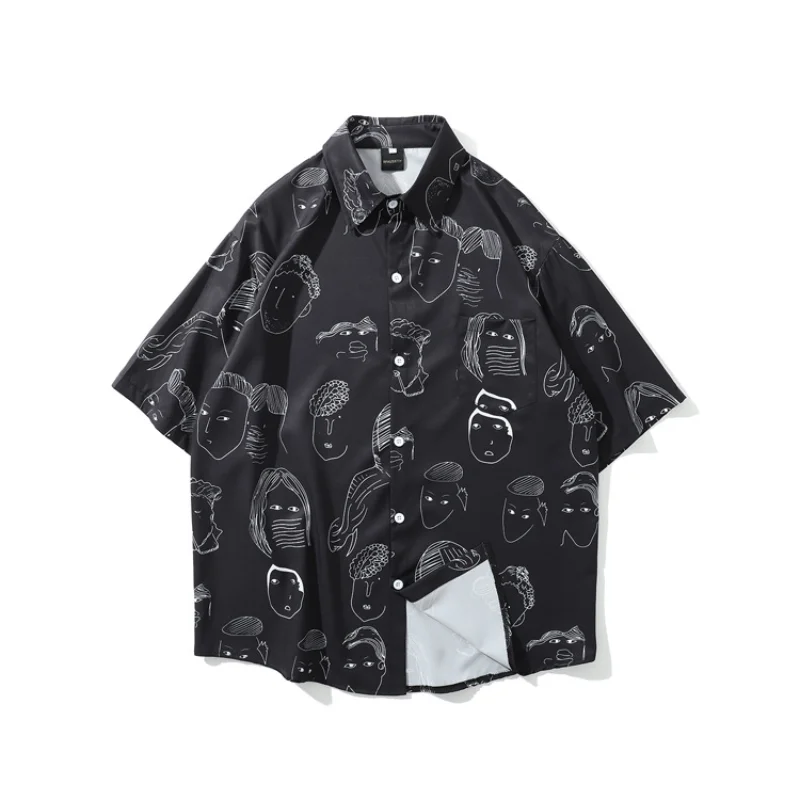 

Japan Harajuku Style Sketch Character Print Casual Men Shirt Short Sleeve Stylish Korean Clothes For Teens Camisas De Hombre