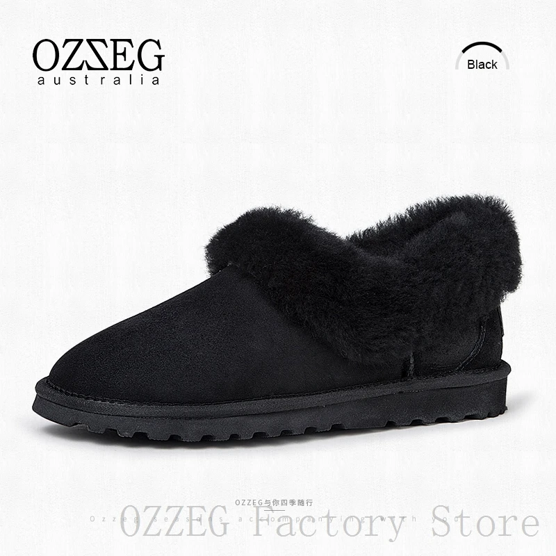 OZZEG; Роскошная брендовая дизайнерская обувь; женская зимняя обувь из натуральной замши на плоской подошве; лоферы с австралийским овечьим мехом; женская обувь; повседневная обувь - Цвет: Черный