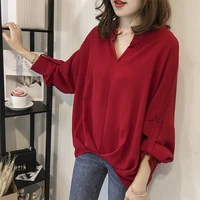 women bat sleeve shirt long sleeved womens tops and blouse chiffon solid feminine clothes 4xl red orange plus size