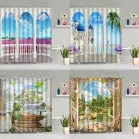 european style scenery shower curtain ocean waterfall forest flower green leaves plant natural landscape bathtub screen washable