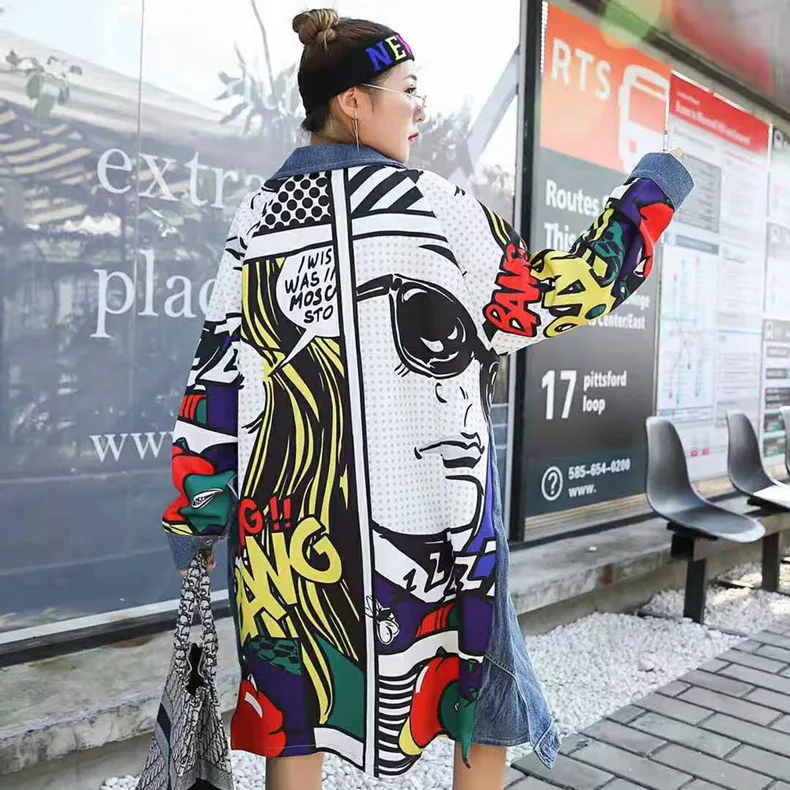 Harajuku Cartoon Patchwork Windbreaker Girls Vintage Women Long Denim Trench Coat Woman Spring Autumn Jeans Casaco LT141S30 | Женская