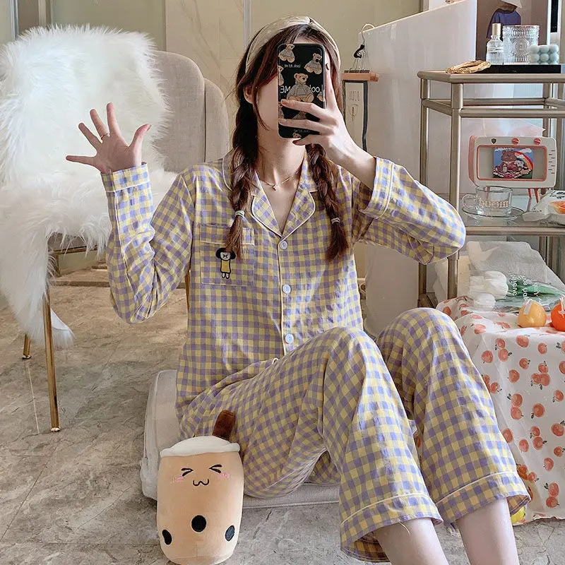 

Candy Colors Plaid Pajamas Women's Cotton Long-sleeved Sleepwear Trousers Pyjama Set Mushrooms Girls Home Suits For Students