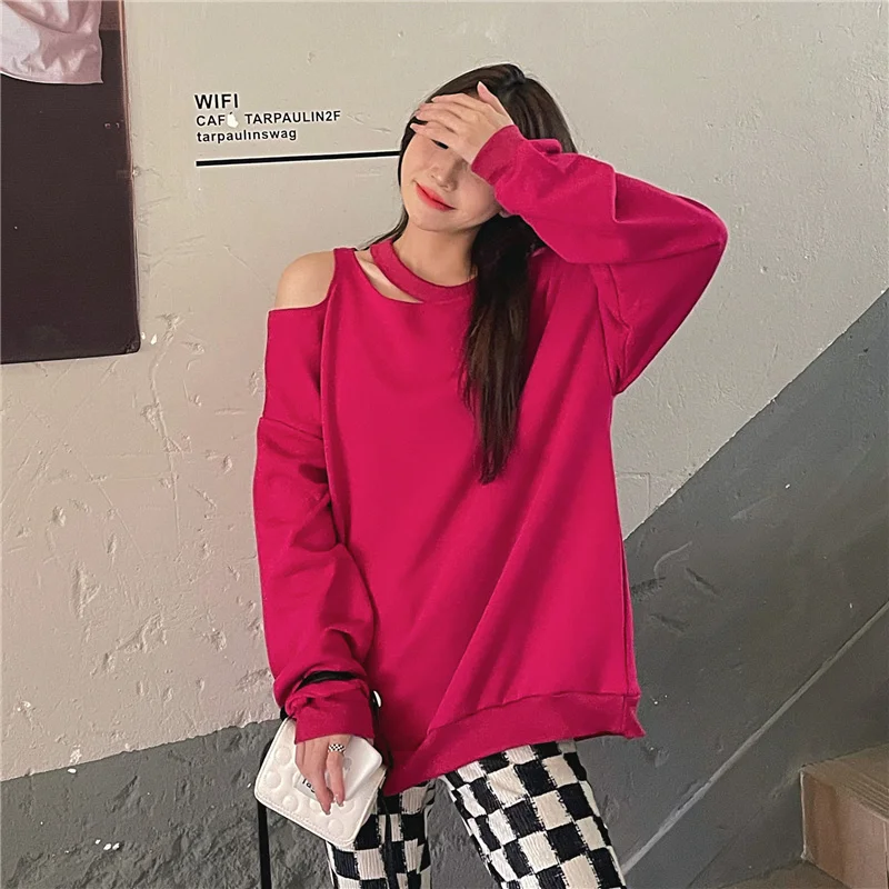

Real Shot Spring and Autumn Clothing Pitaya Color Off-shoulder Sweater Female Set
