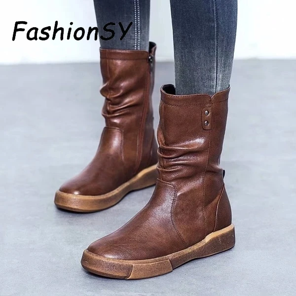 Женские ботинки до середины икры кожаная женская обувь на молнии Осень-зима