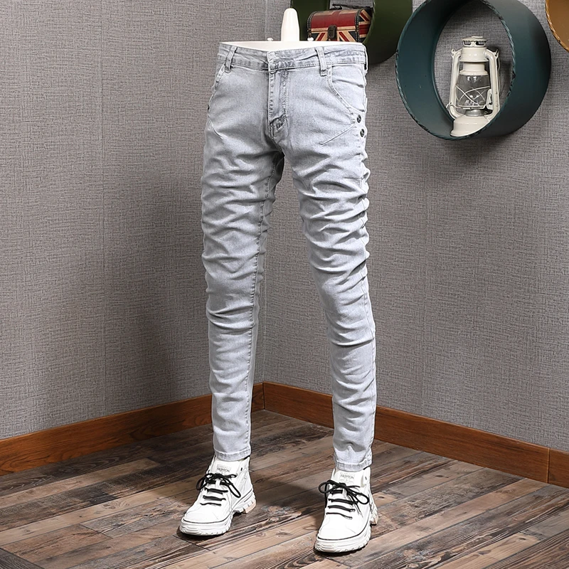 Newly Street Fashion Men Jeans Retro Gray Elastic Slim Ripped Jeans Men Korean Style Stretch Designer Casual Denim Pencil Pants