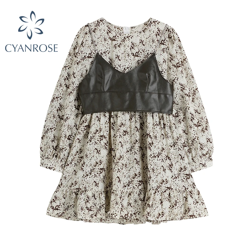 

Женское платье с цветочным принтом и жилетом из искусственной кожи, корейское мини-платье с длинным рукавом в стиле ретро, комплект из 2 пред...