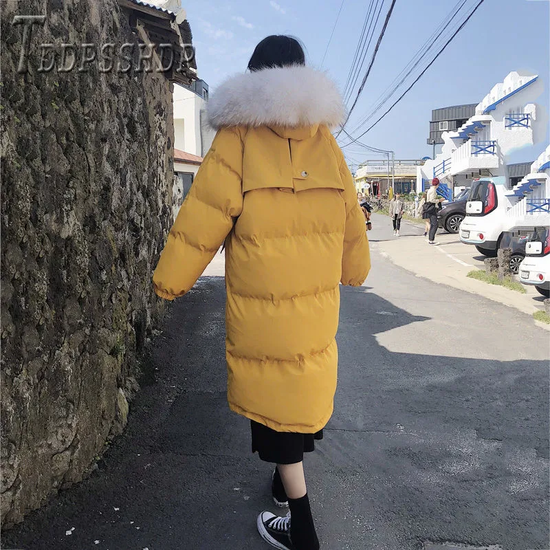 

High Street Fashion Winter Hooded Parkas Cotton-padded Casual Long Jacket Fleece Fur Hooded Parka