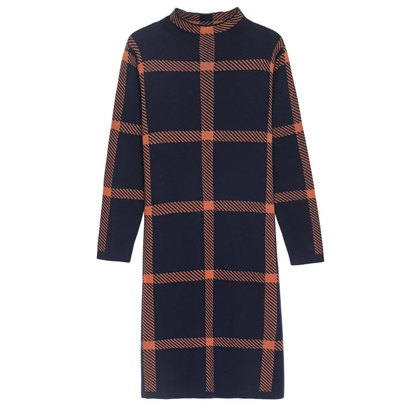 

2021 Sweater One Piece Dress For Winter Elegant Tunic Plaid Christmas Women Half Turtleneck Knit Sweaters Dress Plue Party Night