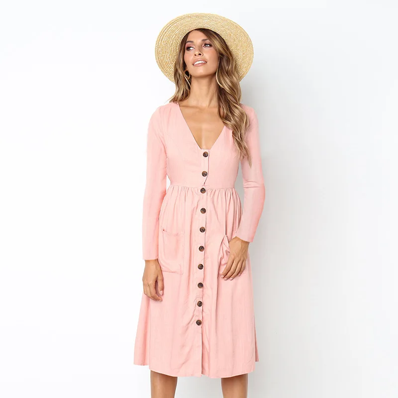 

Colorfaith 2020 Spring Autumn Women Dresses Knitted Straight Fashion V-neck Elegant Casual Solid Midi Female Button Pocket Dress