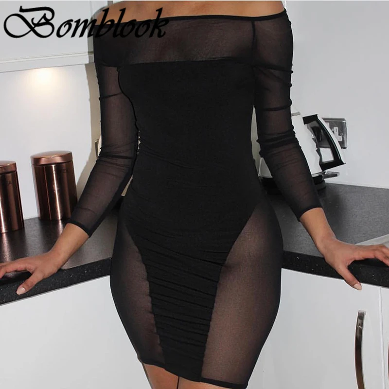 

Bomblook Sexy Party Club Bodycon Dresses For Women 2021 Autumn Solid Slash Neck Mesh Patchwork Mixi Dress Female Streetwears