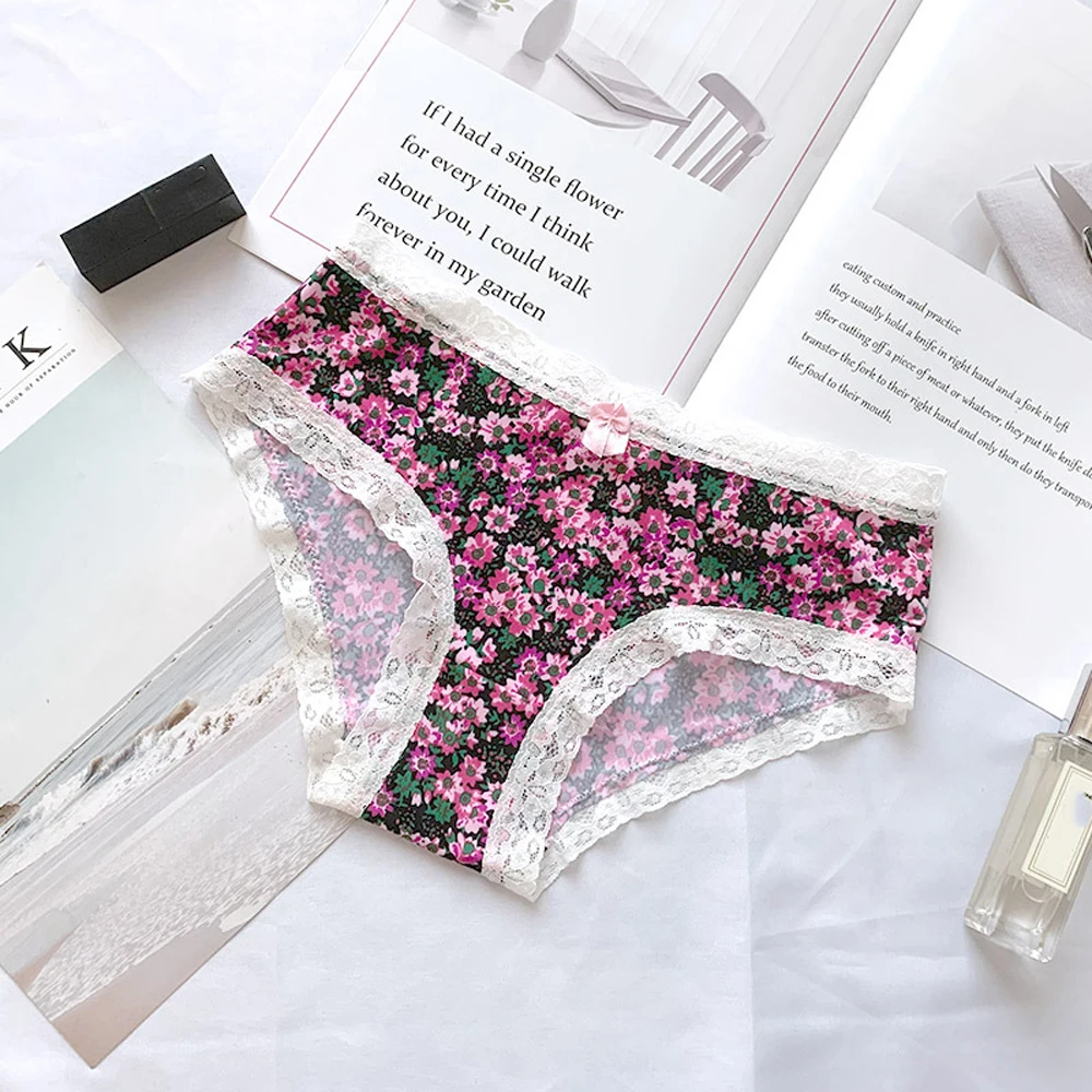 

Fashion Leopard Flower Print Lace Edge Panties Women Intimates Seamless Ice Silk lingerie Low Waist Cute Bow Girls Underwear