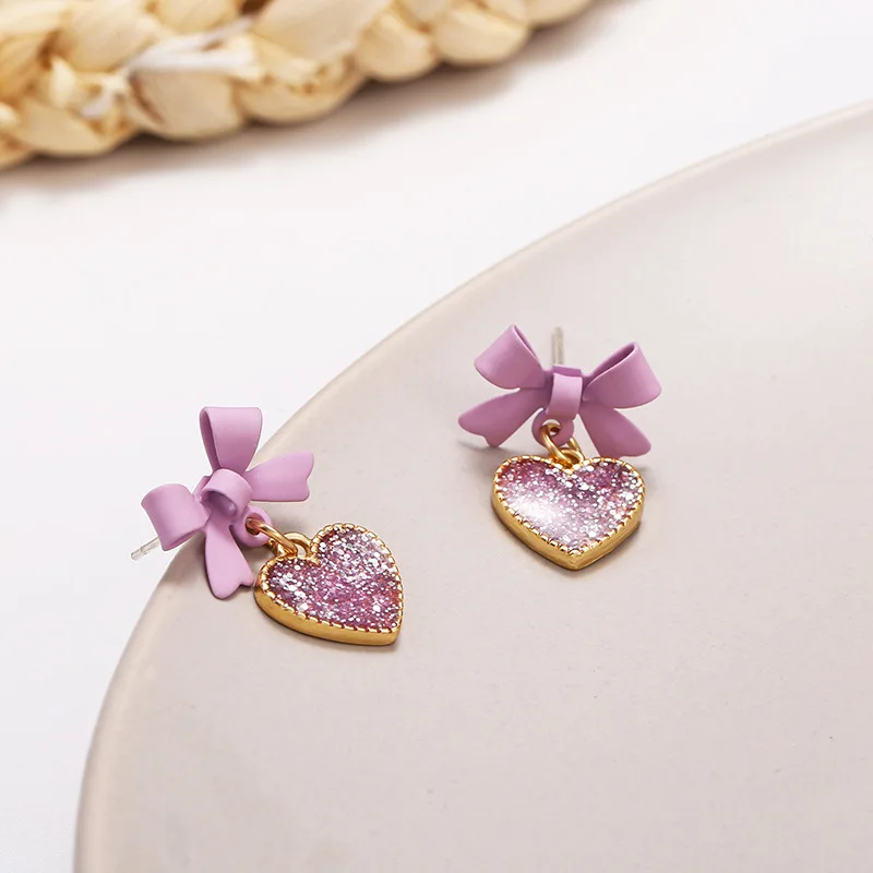 

Hot sale in 2021 Japan and South Korea purple bow love sweet girly style small cute earrings