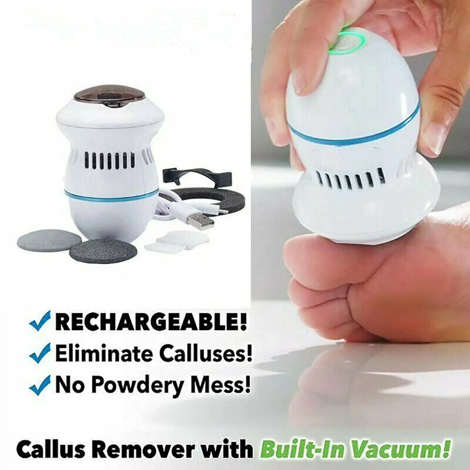 Electric Foot Grinder Vacuum Callus Remover Pedicure Tools Rechargeable Files Clean for Hard Cracked Skin | Красота и здоровье