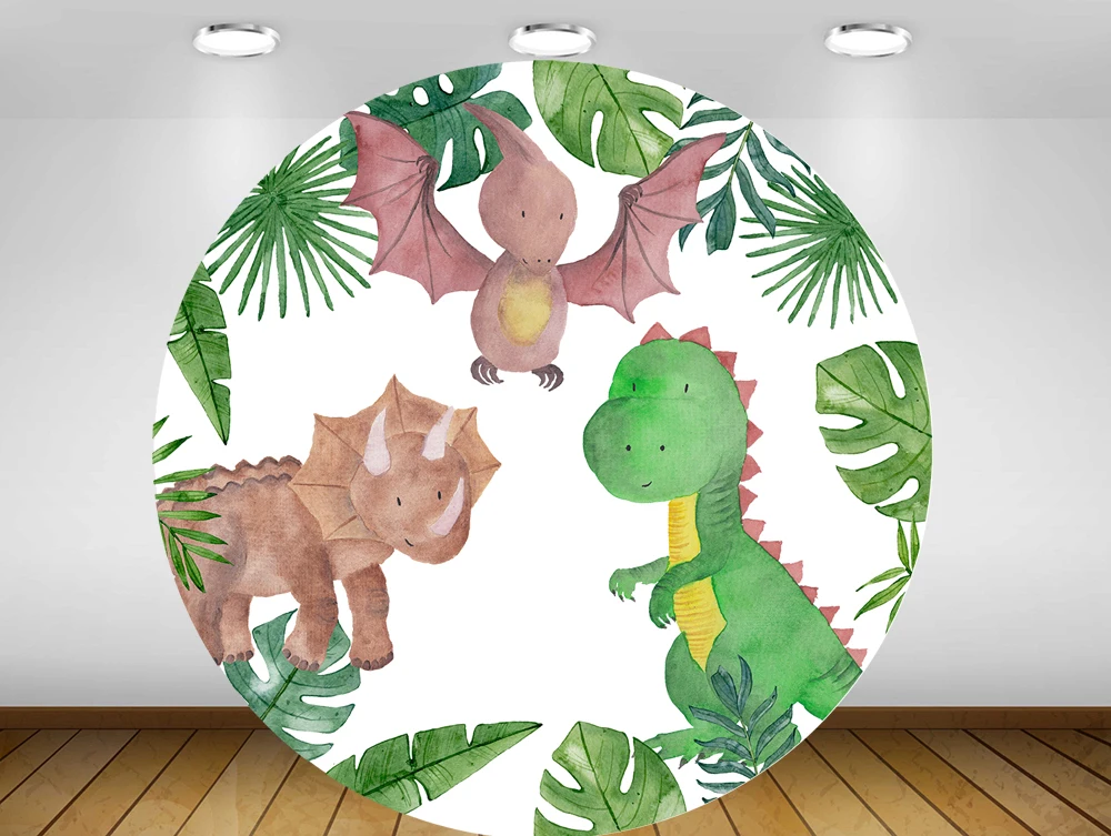 

Круглый Кулон покрытый тропические растения листья с милым динозавром фон детских празднований дня рождения вечерние скатерти украшения ...