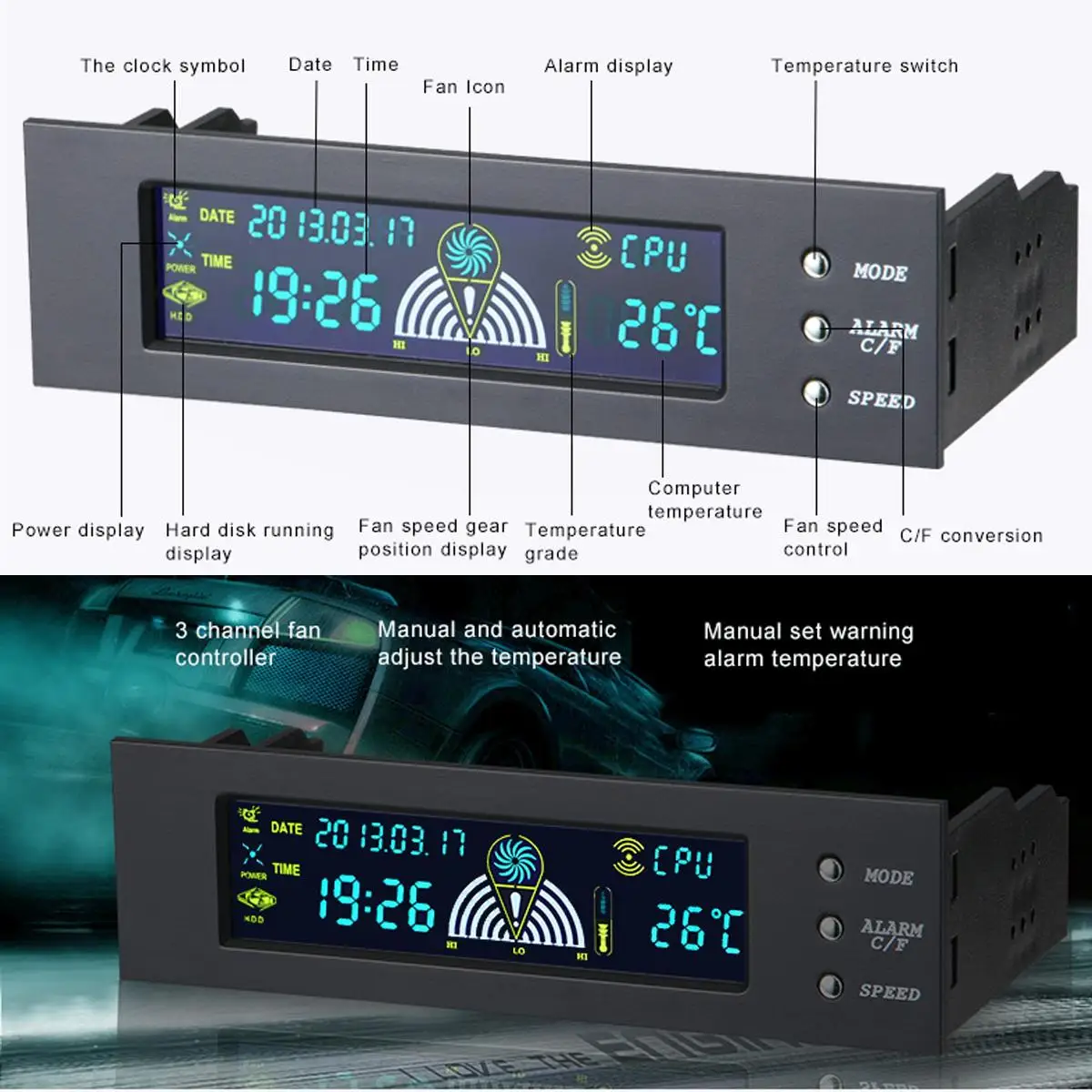 5.25 Inch Bay Front LCD Panel Display 3 Fan Speed Controller CPU Temperature Sensor Probes 5 - 90 celsius degree