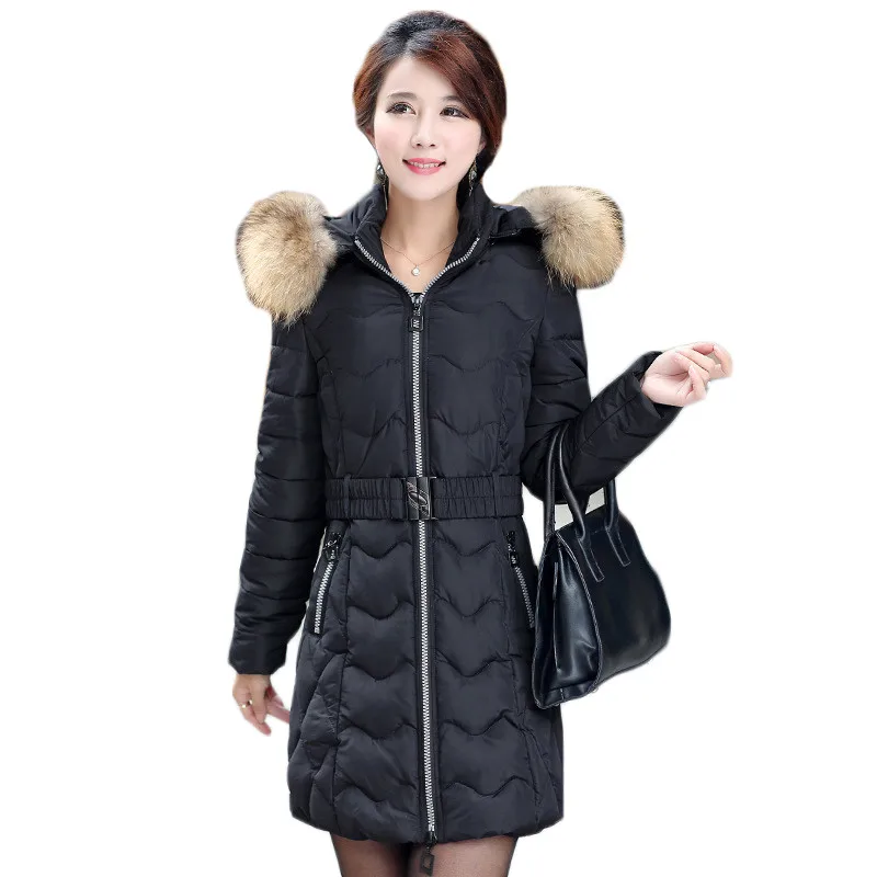 

Winter Jacket Women Black L-4XL Plus Size Fur Hooded Parkas 2020 Autumn New Fashion Belt Slim Down Cotton Coats Feminina sf064