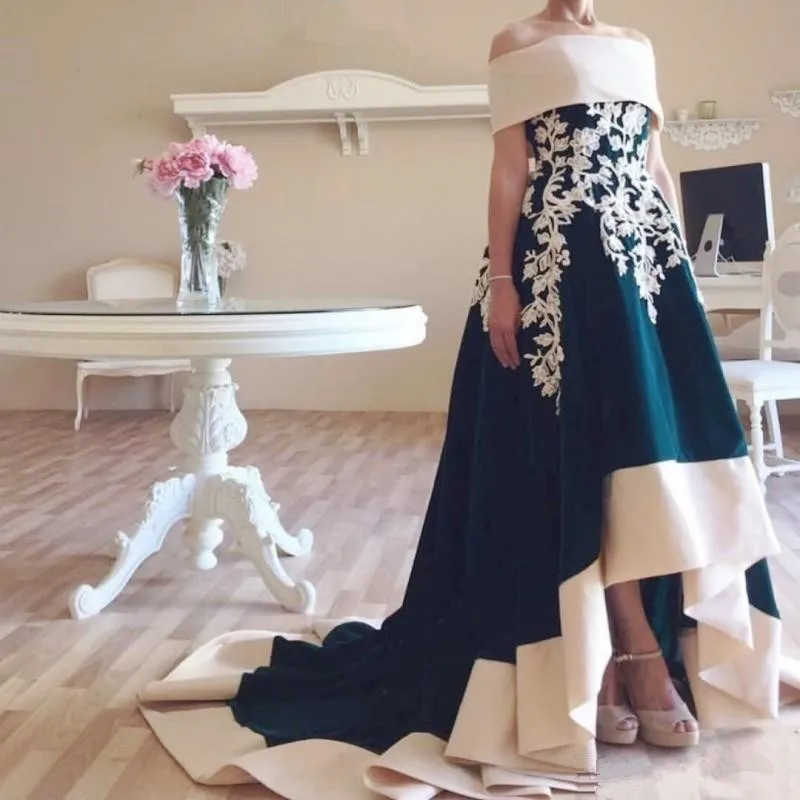 

2020 New High Low Patchwork Prom Dresses Lace Appliques Satin Court Train Formal Party Dress Evening Gowns Robes De Soiree