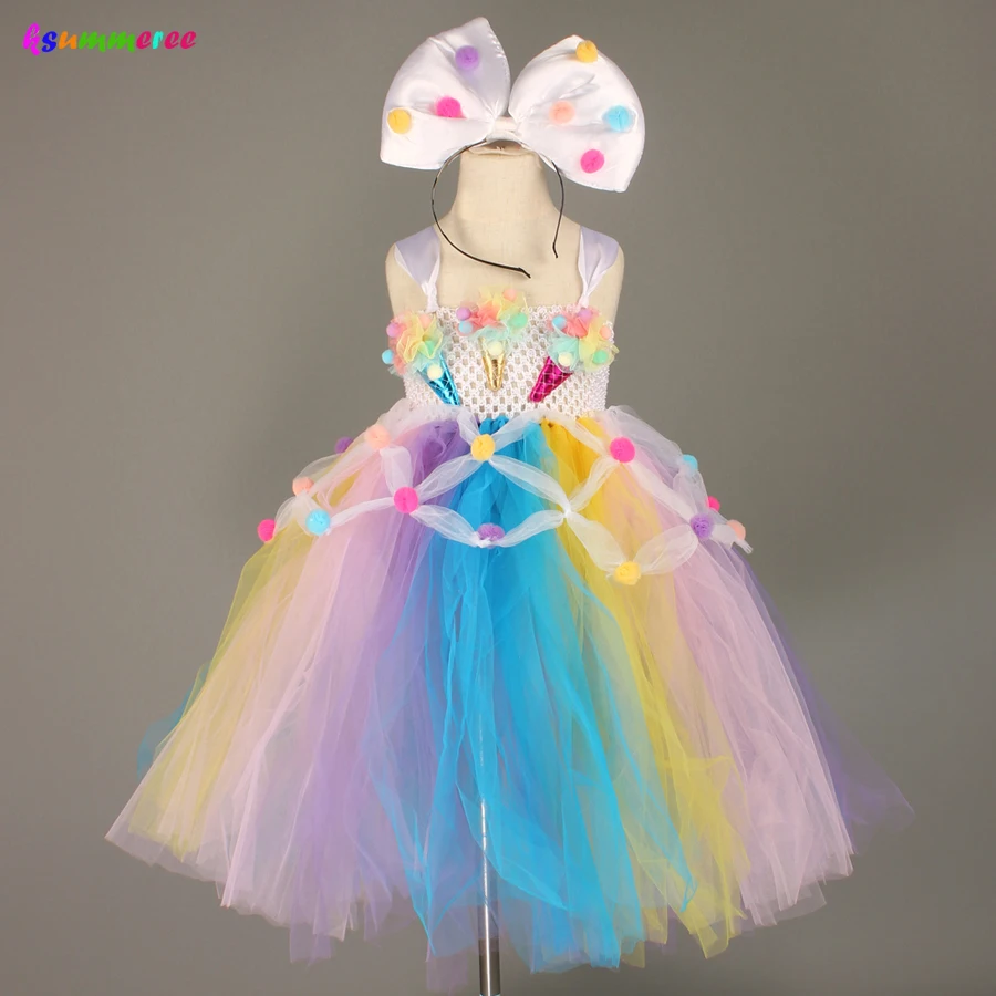 Детское платье-пачка с аппликацией для мороженого и помпонами | Детская одежда