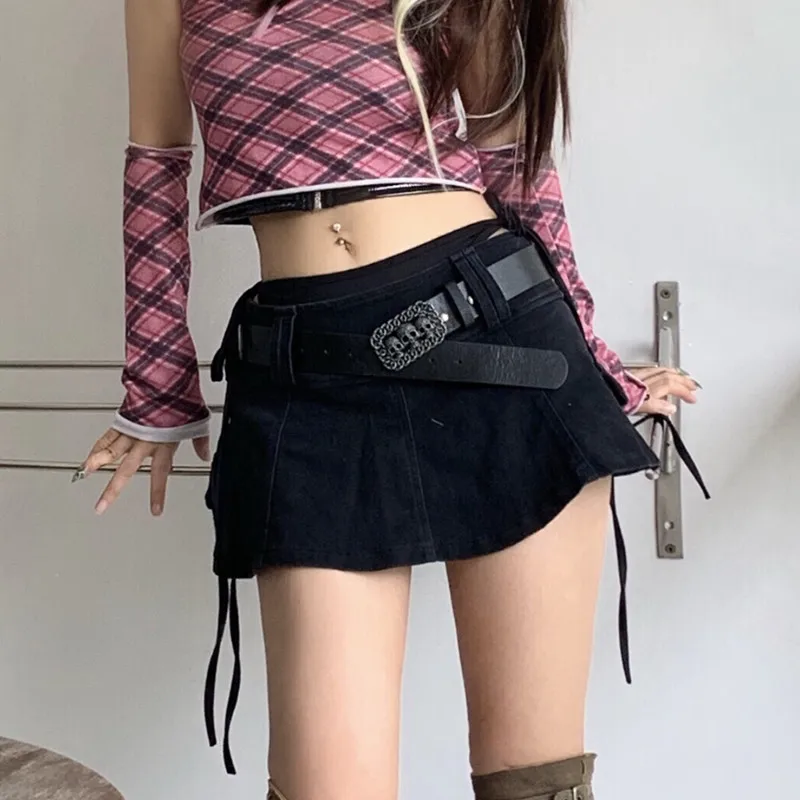 

Women Original Harajuku Low Waist Mini Pant Skirt Solid Black White Punk Skull Waistband Hot Girls Denim Skirt Culotte Plus size