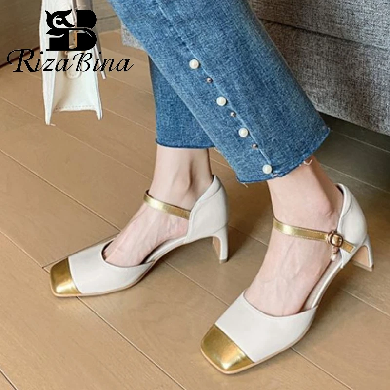 

RIZABINA New Design Women High Heel Sandals Mix Color Real Leather Summer Shoes Women Fashion Sexy Party Shoes Women Size 34-39