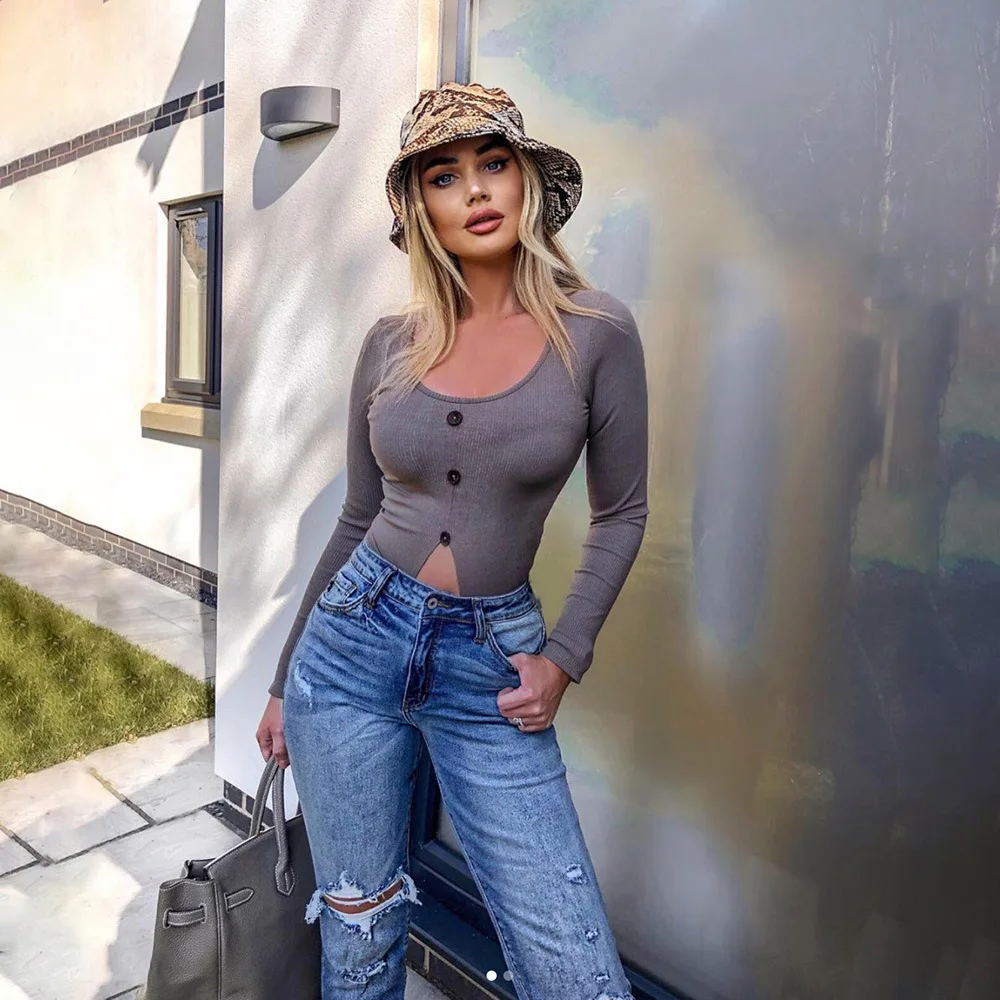 Streetwear Button Front Ribbed Knit U-Neck Single-breasted Crop Tee Autumn Lady Workwear Women Long Sleeve Short Tshirt Top Chic | Женская