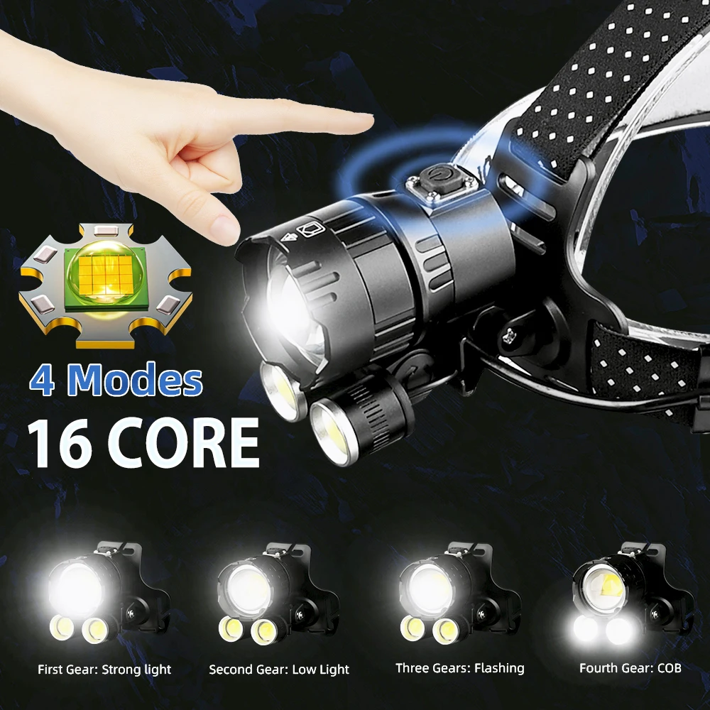 

Newest XHP199 Super Bright LED Headlight 16 Core With COB Powerful Headlight USB Rechargeable Outdoor Waterproof Zoom Headlamp