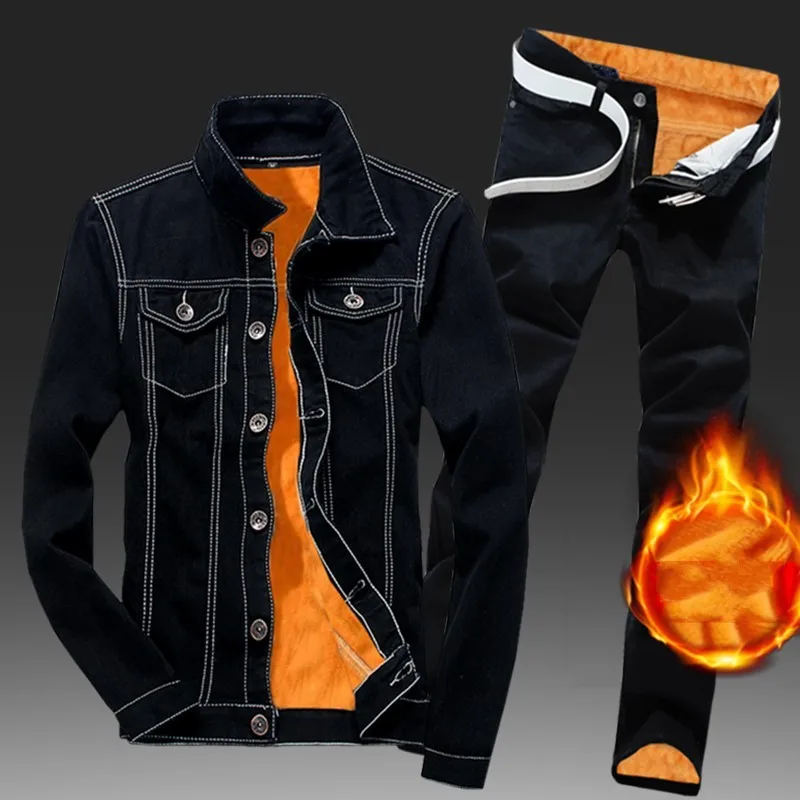 Мужской теплый джинсовый костюм из двух предметов с флисовой подкладкой