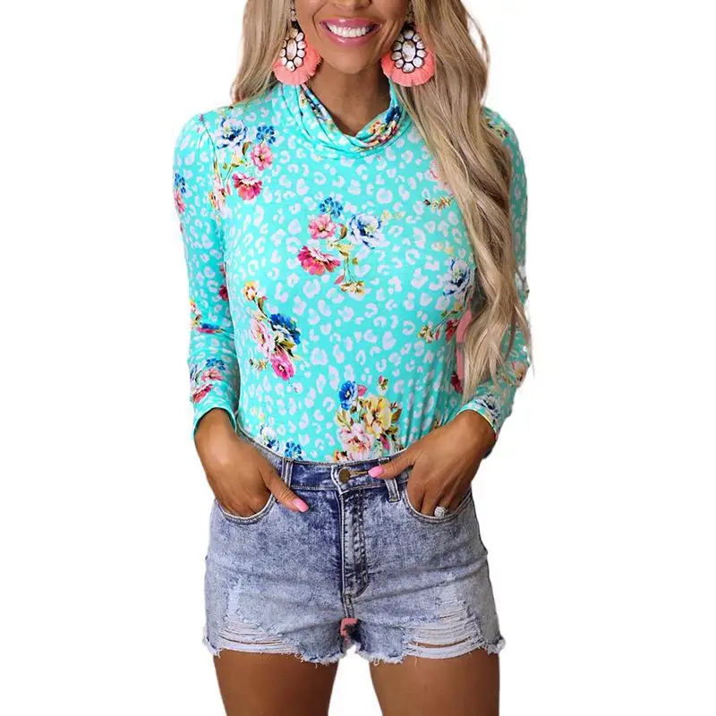 

Women's Long Sleeve Printed High Collar Casual T-shirt Shirts for Women Woman Tshirts Slim Floral Top