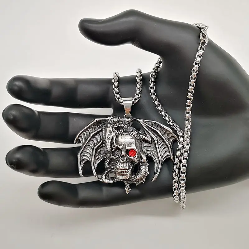 316L Нержавеющая сталь Птерозавр ожерелье с кулоном череп красными глазами и