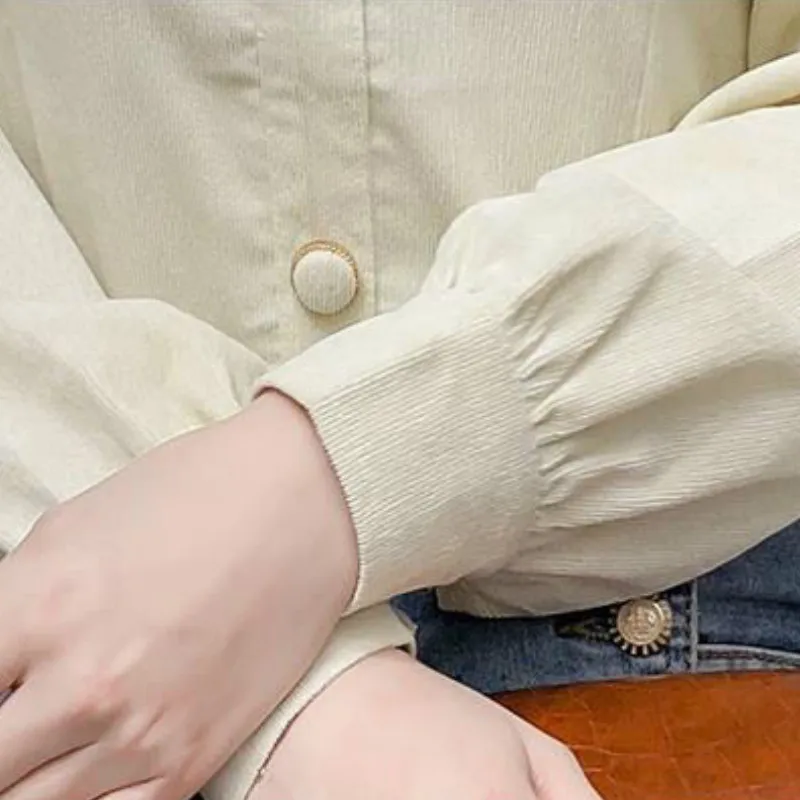 

Shirt Women Autumn Corduroy Solid Simple Slim Square Collar Puff Sleeve Shirts Female All-match Cozy OL Vintage Stylish Mature