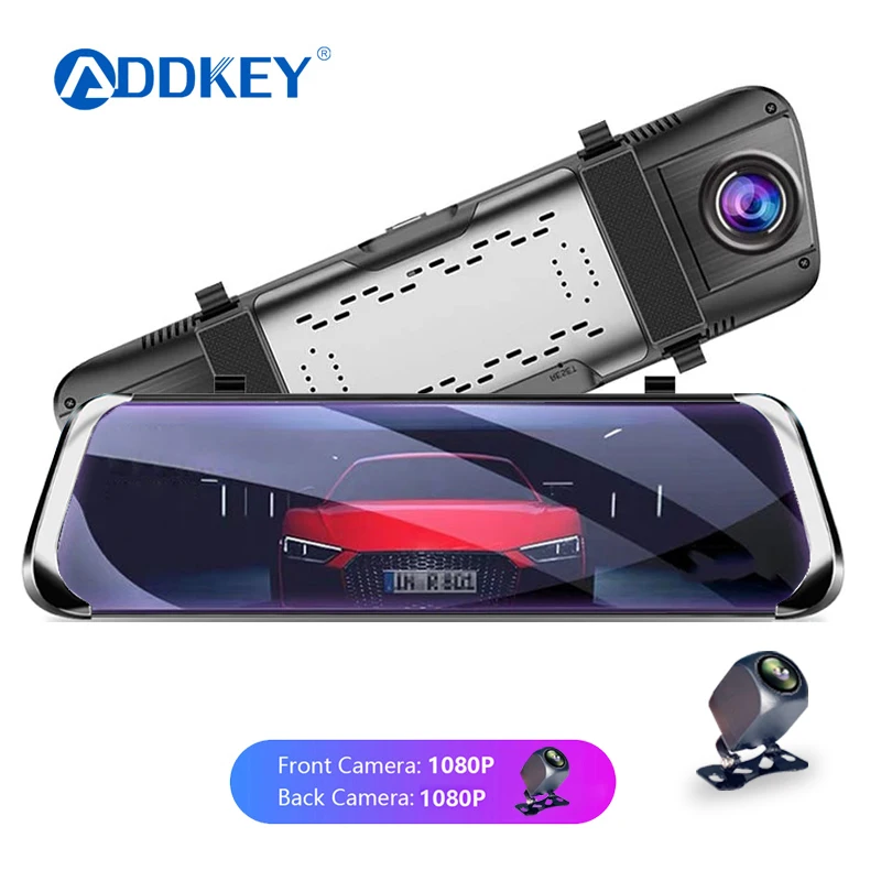 

ADDKEY Car DVR Dash Cam 10'' 1080P Rear Mirror Backup Camera Stream Media Touch screen Night vision Reverse Image Dual Lens