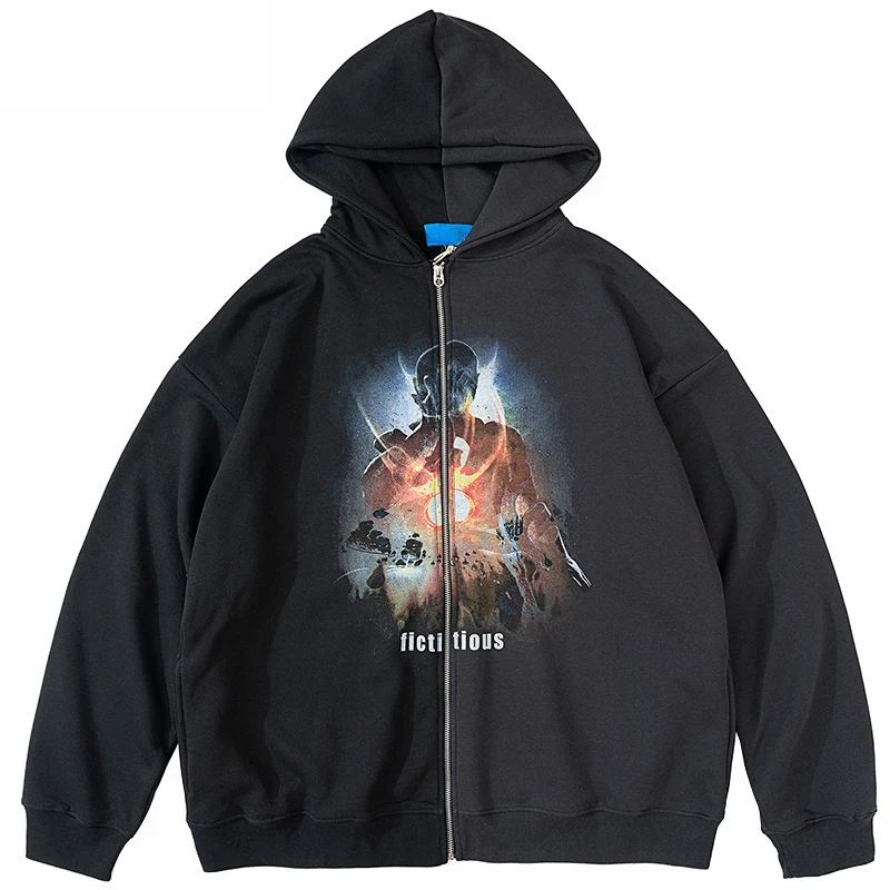 

Savior Monster Print Hooded Jacket 2021 Men Hip Hop Patchwork Streetwear Autumn Harajuku Cotton Loose Zipper Coat Black Tops