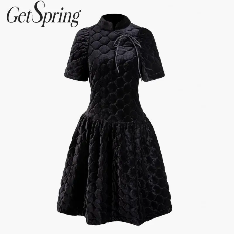 Женское платье с воротником стойкой Getspring винтажное теплое Черное коротким
