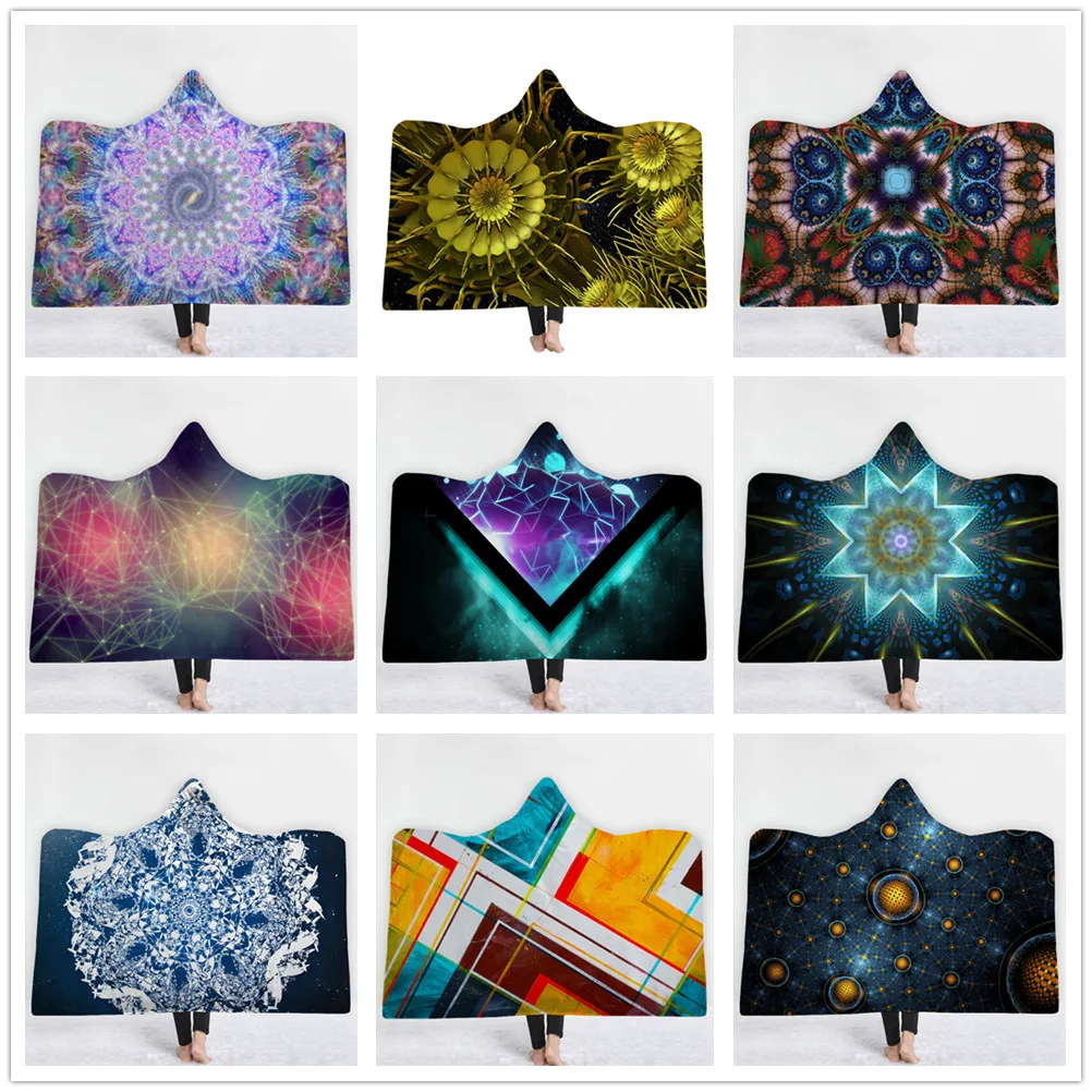 

Bohemia Beautiful Sci-fi lines Geometric 3D Printed Plush Hooded Blanket for Beds Warm Wearable Soft Fleece Throw Blankets