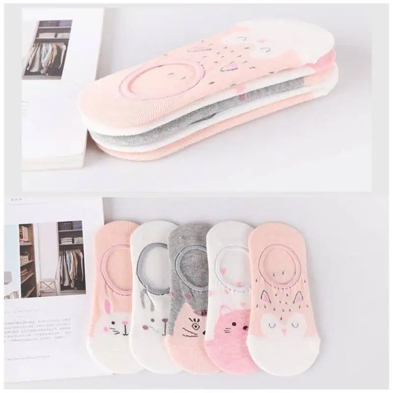 

5 Pairs of Female Boat Socks Cartoon Animal Shallow Mouth Invisible Socks Silicone Non-slip Short Tube Cute Pink Cat Socks Women