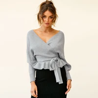 women solid colors ruffles lace up pullovers spring autumn green long sleeve cropped jumpers black sexy v neck knitted sweaters