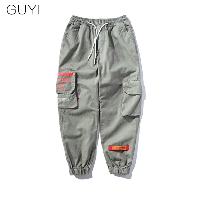 

Chic Letter Casual Pockets Cargo Pants Men Black Trousers Male Drawstring Fashion Sweatpants Hip Hop Loose Cotton Streetwear Mid
