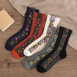 5 пар, женские хлопковые носки с цветочным принтом