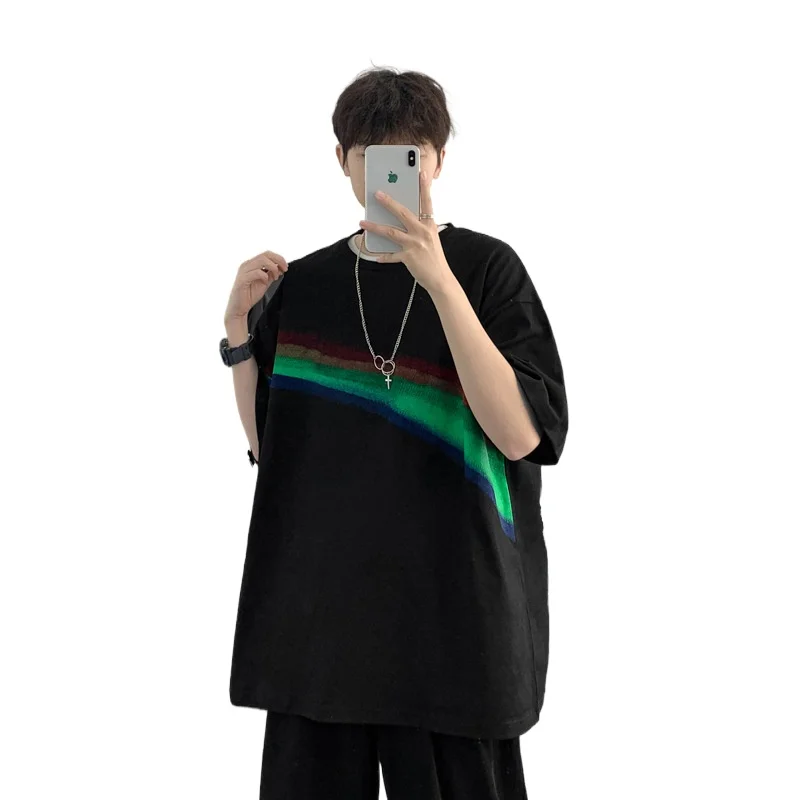 

2021 Rainbow t-shirt men's Korean version loose summer Harajuku wind short-sleeved trend a casual top