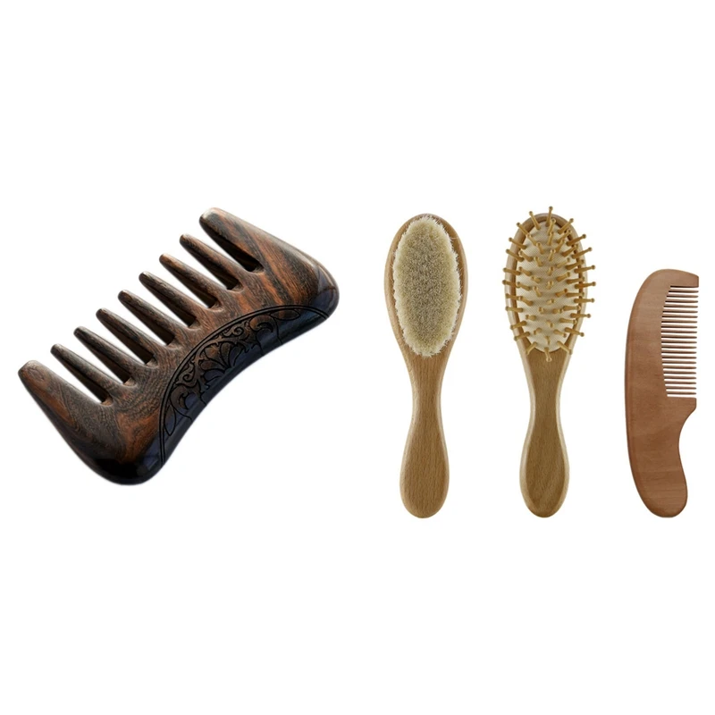 

1 Set Premium Wooden Baby Hair Brush And Comb Set & 1 Pcs Hand-Carved Flower Natural Sandalwood Hair Comb