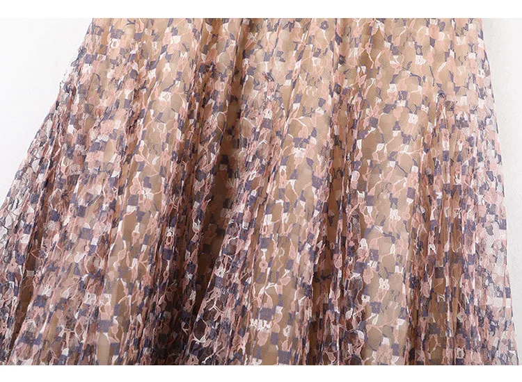 

High-waisted Long Skirt For Women 2021 Spring Summer New Fashion Mesh Plaid Pleated Midi Skirt