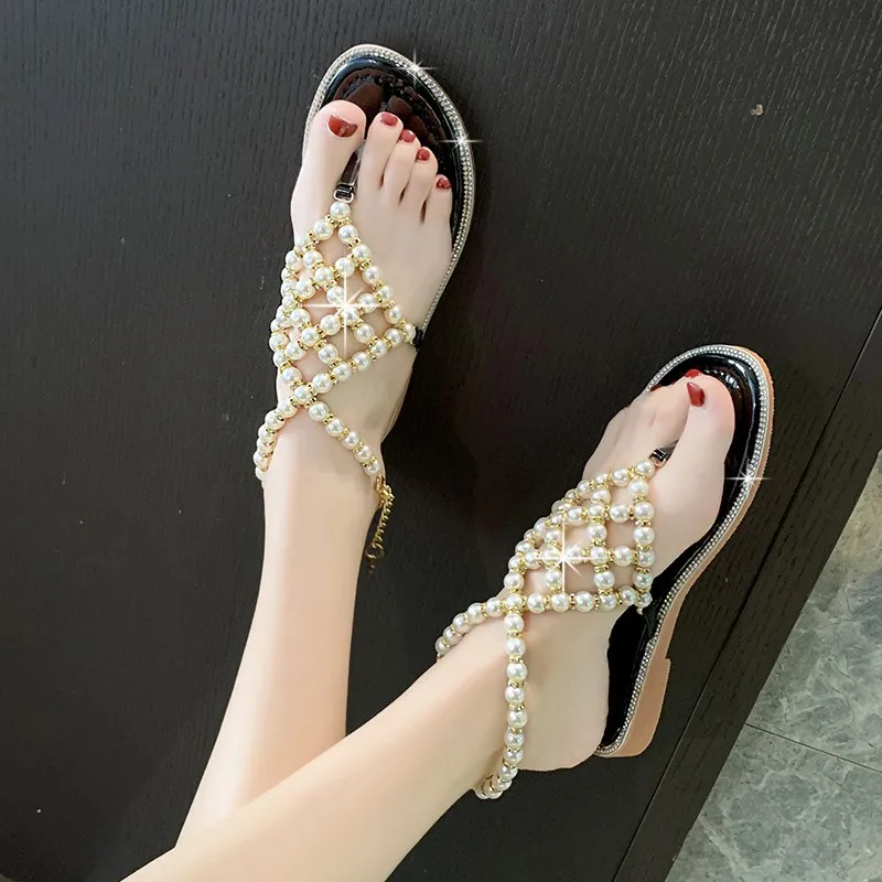 Сандалии женские с жемчугом элегантные пляжные шлепанцы бусинами мягкая подошва