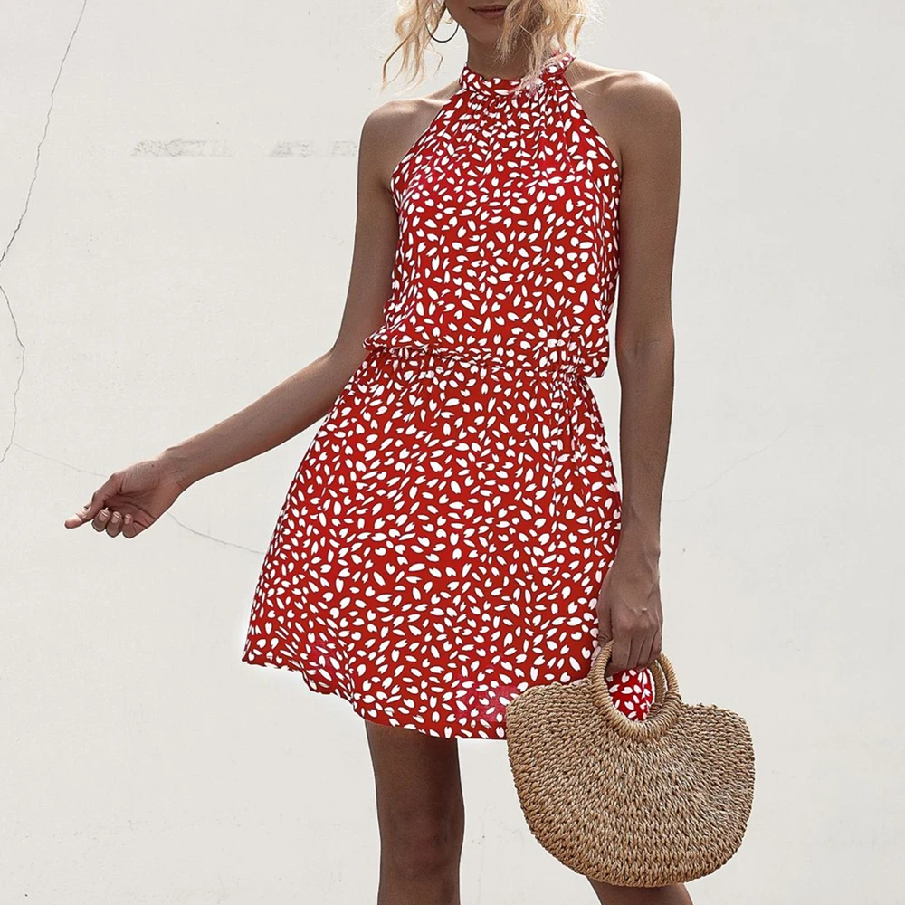 

Street Summer High Sexy Halter Dot Floral Print Mini Dress Women Vintage Sleeveless Female Beach Casual Party Short Dress Women