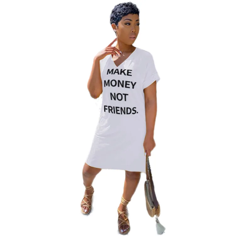

2021 New Women Loose Casual Letter V-neck Short Sleeve Dress Vestidos