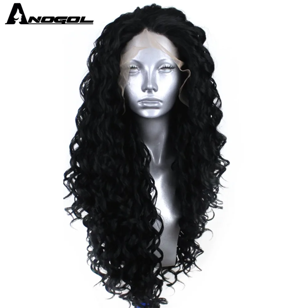 Аногол черный синтетический кружевной передний парик афро длинный кудрявый с