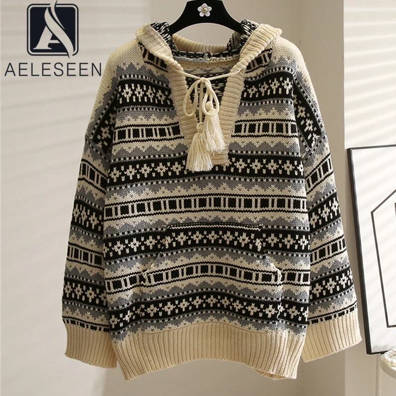 

AELESEEN Fashion Designer 2021 Autumn Winter Sweater Women Vintage Printed Heeded Knitting Top