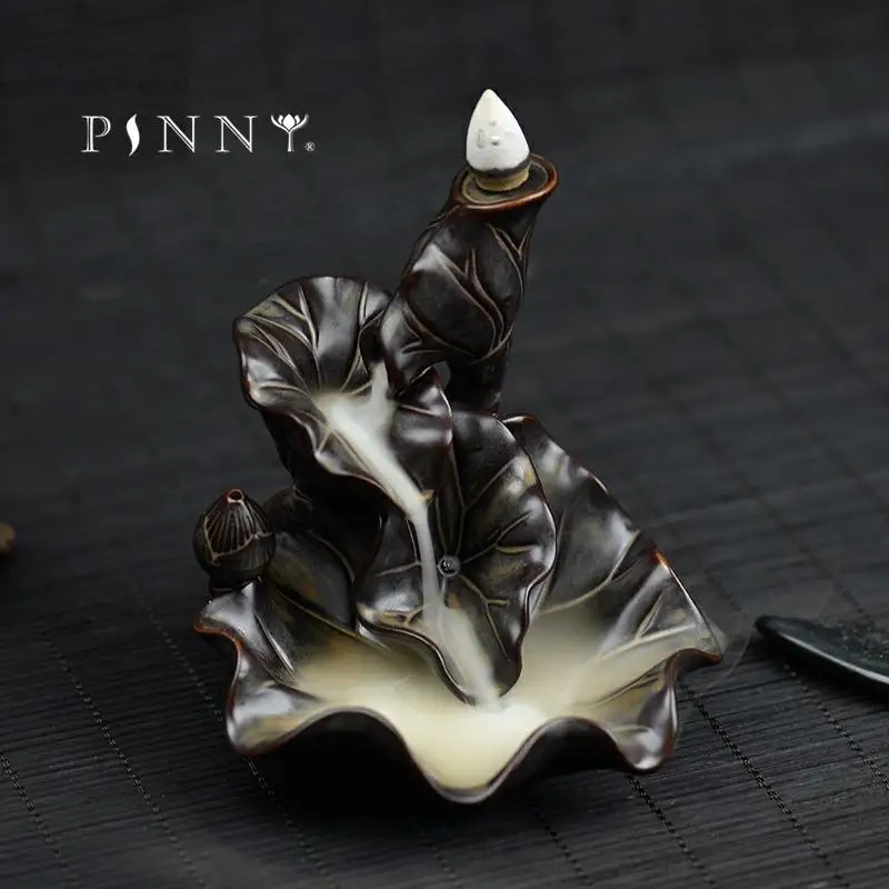 

PINNY Ceramic Backflow Incense Burner Cone Censer Handmade Aroma Furnace Smell Removing Incense Holder Ceramic Craft Lotus