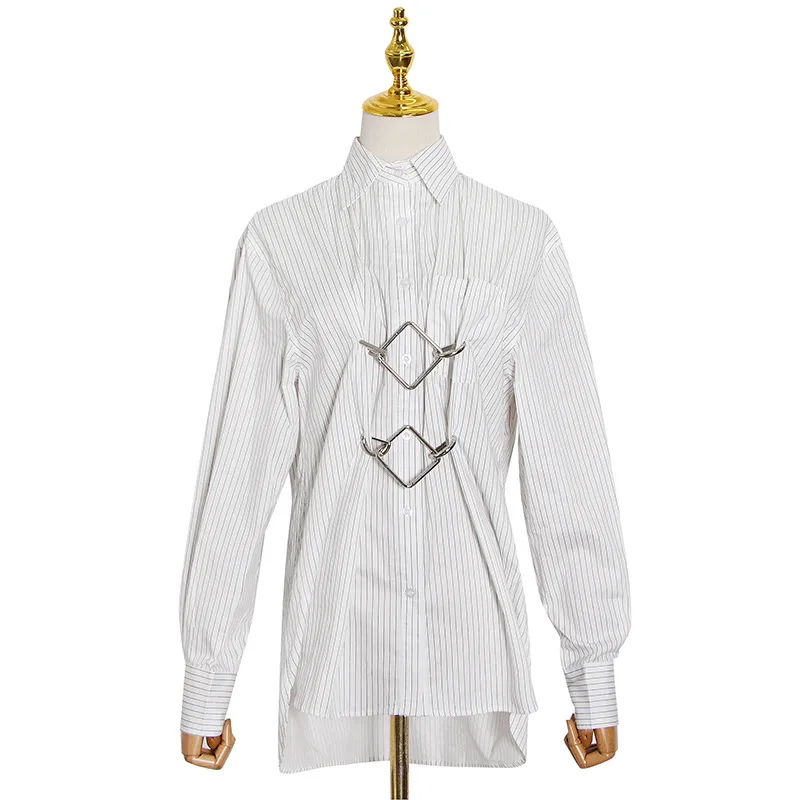 

New fashion temperament casual lapel buckle design metal buckle stripe long blouse shirt