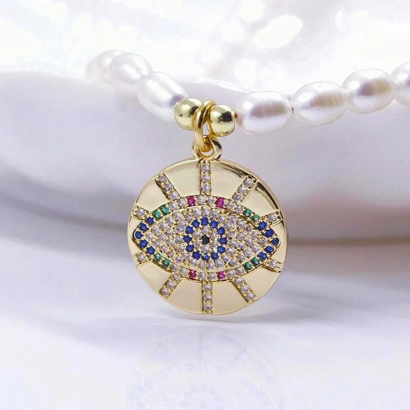 

Natural Freshwater Pearl Choker Turkish Evil Eye Pendant Necklace For Women Demon Eyes Sunflower Fashion Baroque Pearls Jewelry